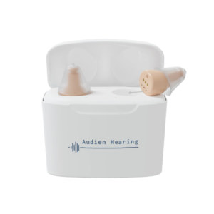 Audien Atom Pro Hearing Aid in a charging box
