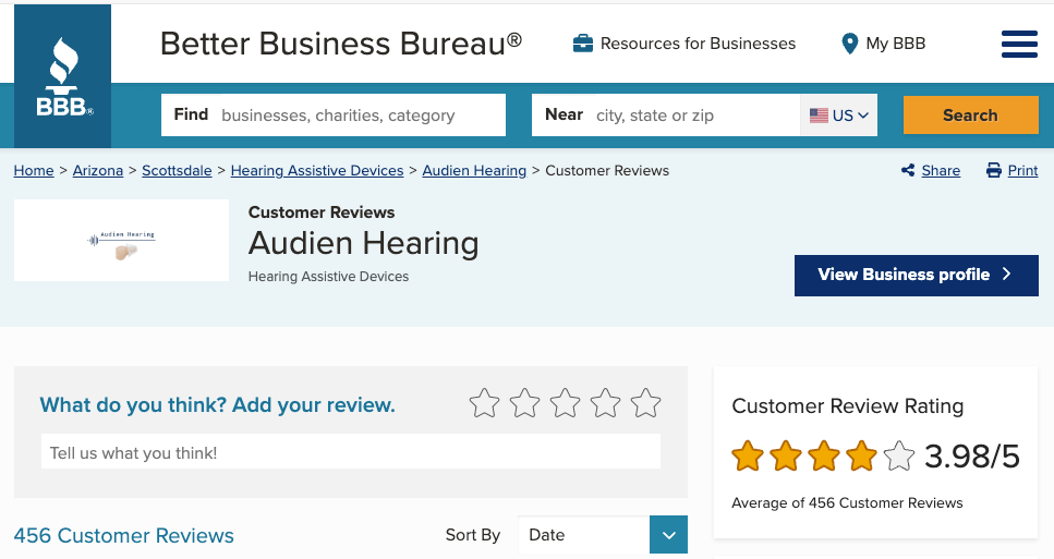 Audien Hearing profile on Better Business Bureau website