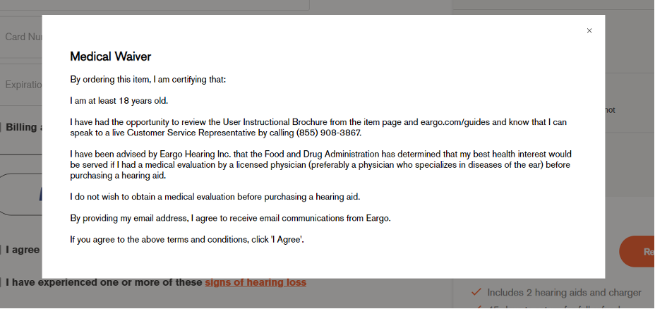 Eargo hearing aid medical waiver screenshot