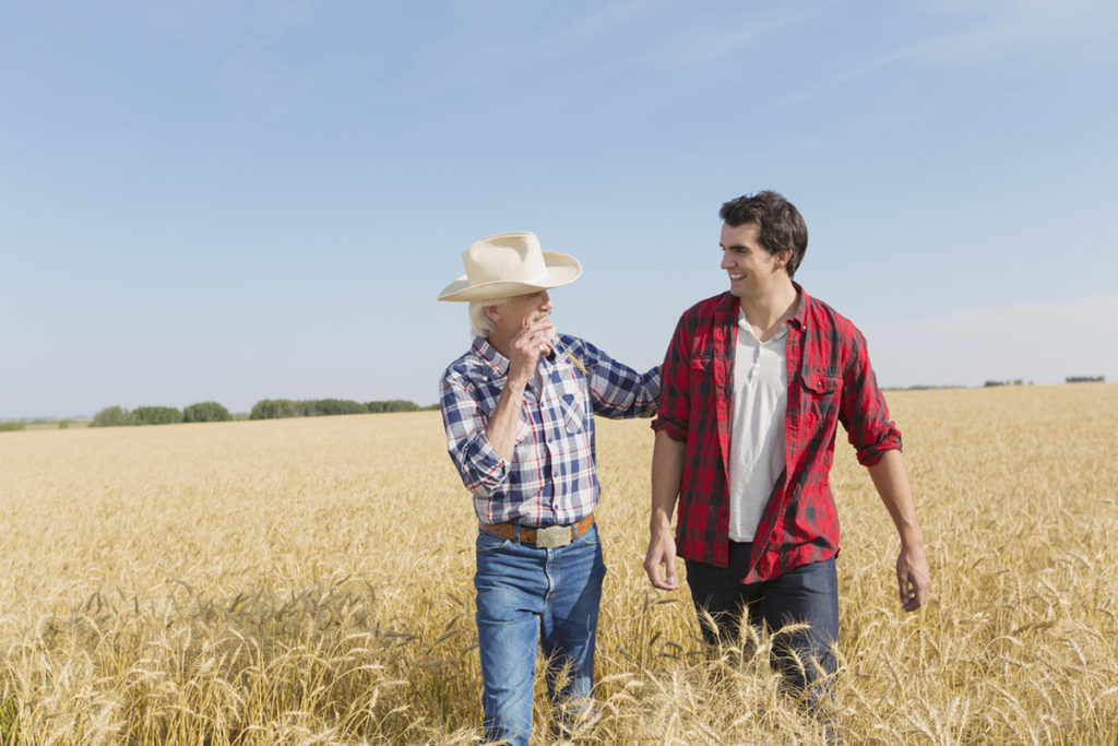 Father and adult son talking in wheat field