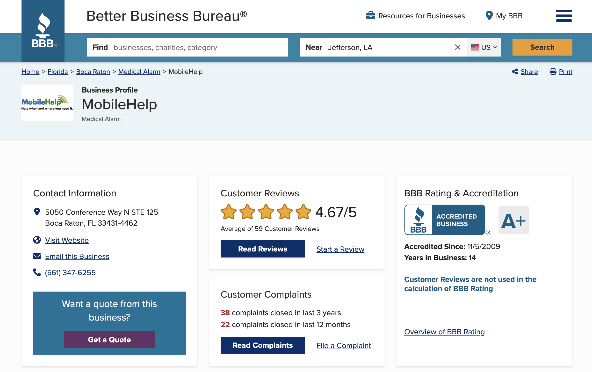 MobileHelp reviews on Better Business Bureau website
