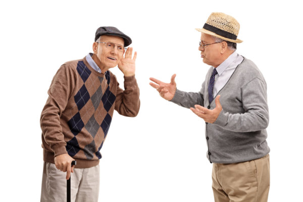 Senior man struggling to hear a friend in a discussion isolated on white background