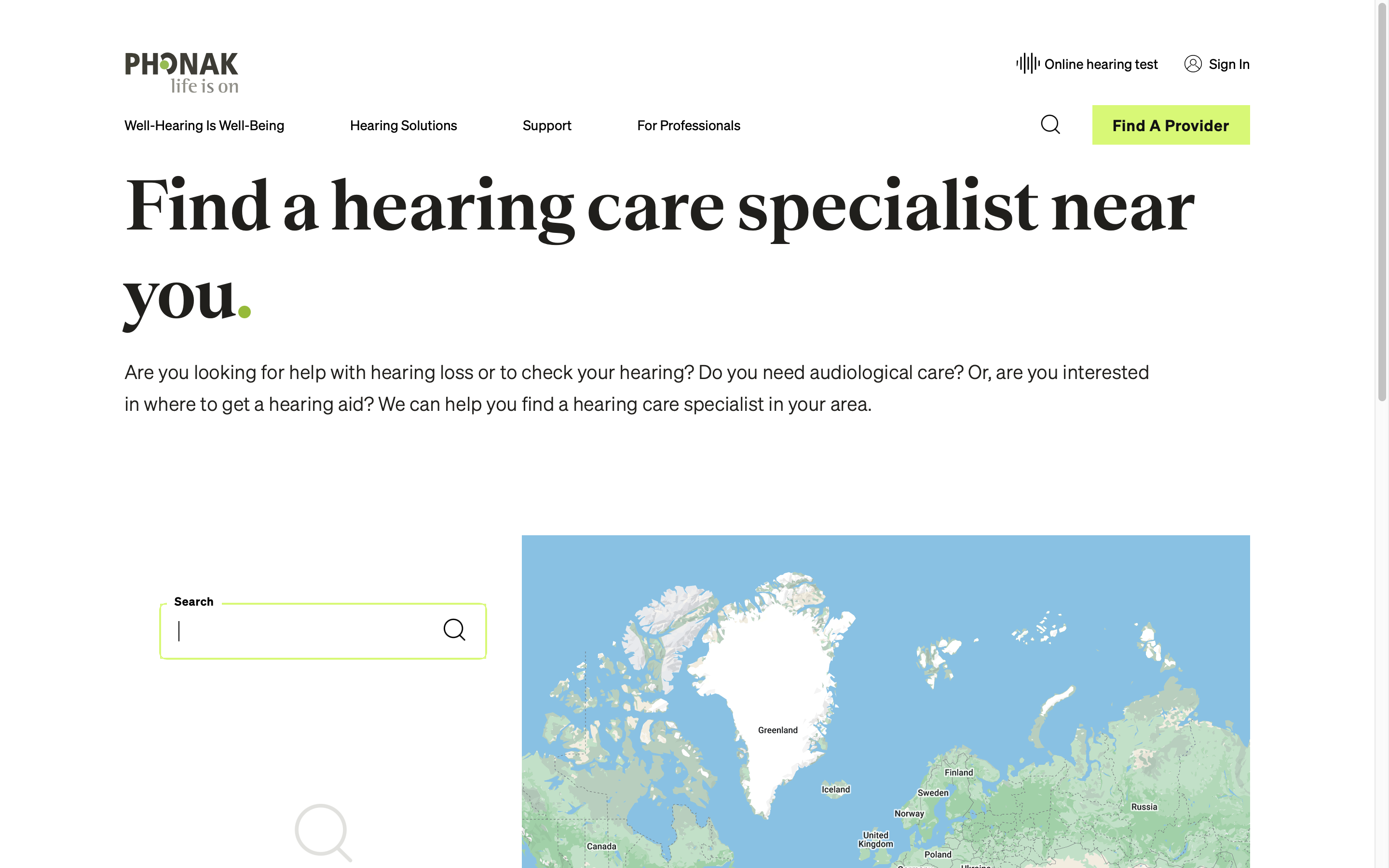 screenshot of Phonak Hearing Aids find a provider feature
