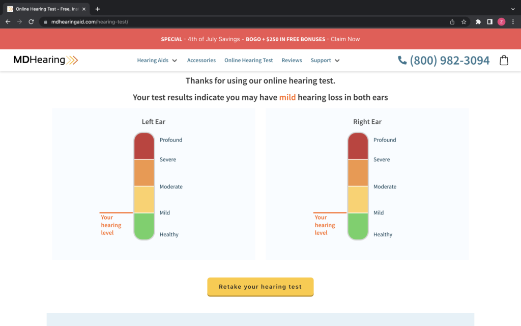 A screenshot of MDHearing's online test showing mild hearing loss test results for both the left and right ear.