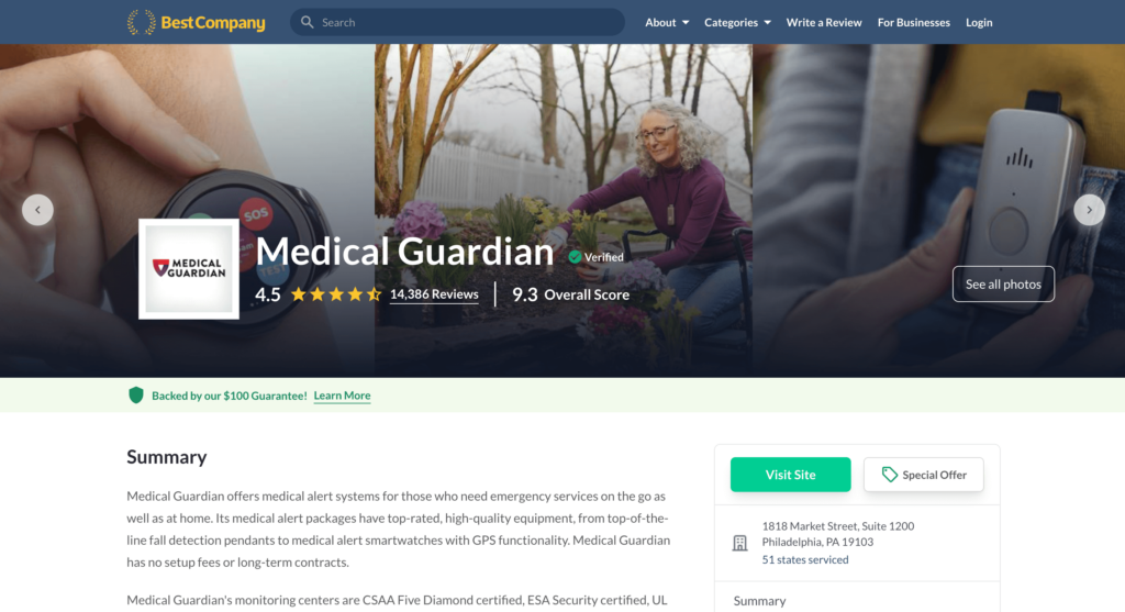 A screenshot of Medical Guardian's 4.5 star rating and 9.3 overall score on BestCompany.com, according to 14,386 customer reviews.