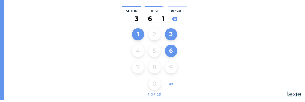 A screenshot of a number pad with the numbers "3 6 1" entered as part of Lexie's online hearing test.