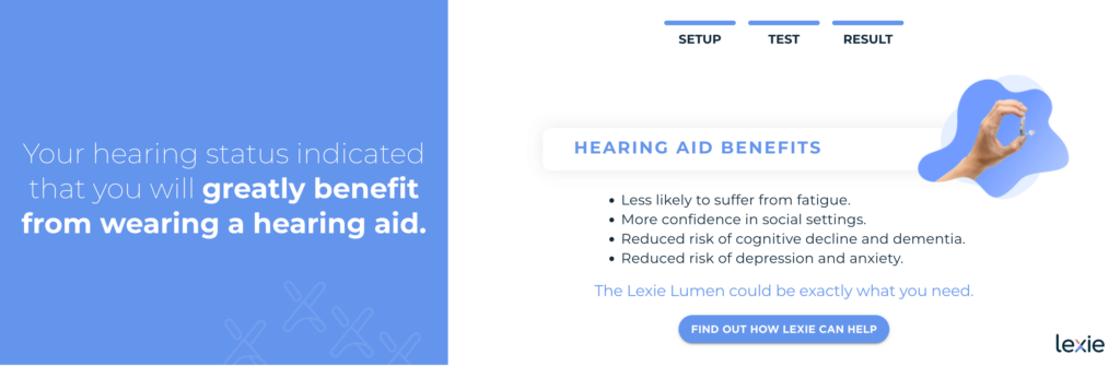 A screenshot of the Lexie online hearing test result screen.