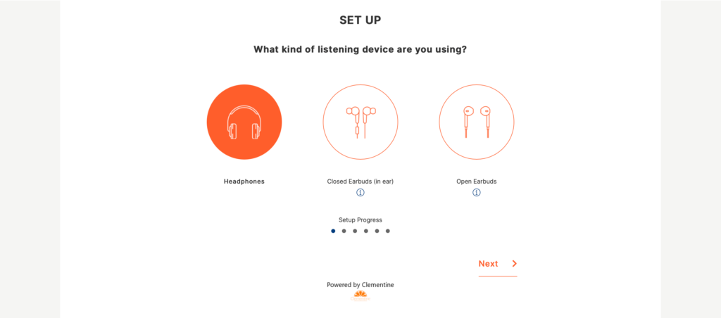 A screenshot of Eargo's online hearing test listening device selection screen.