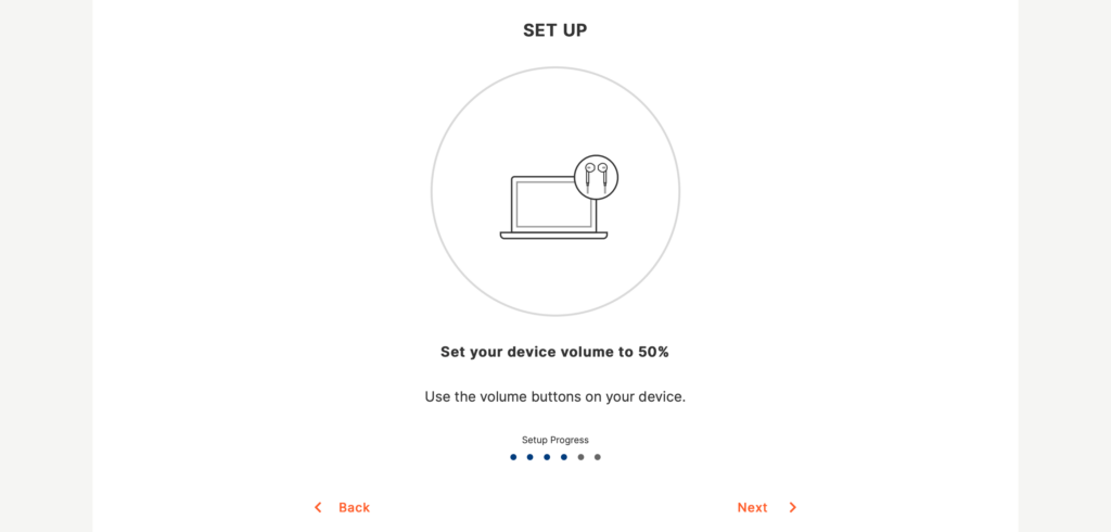 A screenshot of Eargo's online hearing test set up with the words "Set your device volume to 50%."