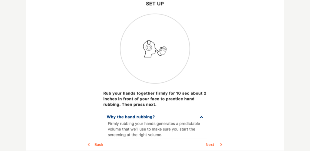 A screenshot of Eargo's online hearing test instructions for initial set up through hand rubbing.