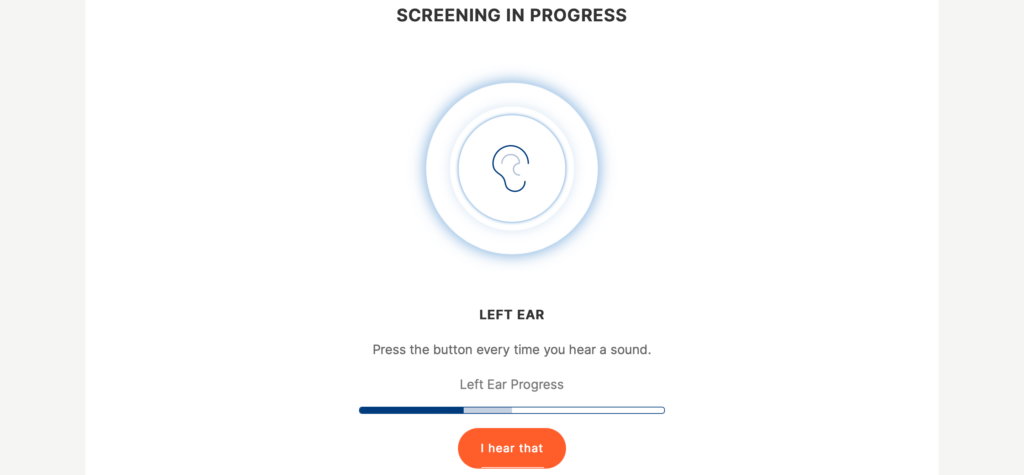 A screenshot of Eargo's online hearing test screening process of the left ear.