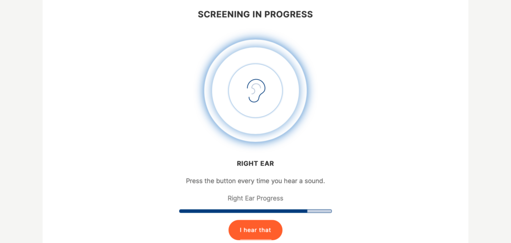 A screenshot of Eargo's online hearing test screening process for the right ear.