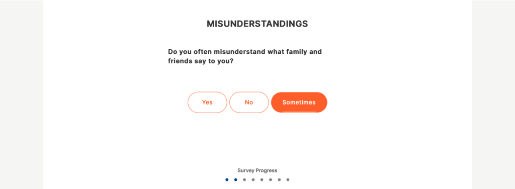 A screenshot of Eargo's online hearing test survey question about misunderstandings.