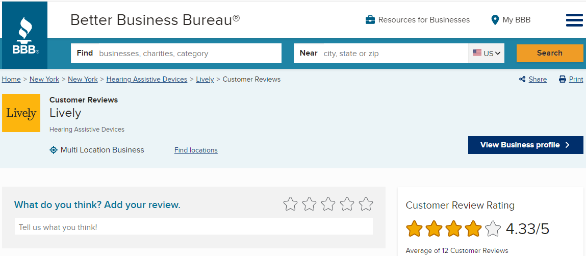 BBB profile showing Listen Lively's customer rating score.
