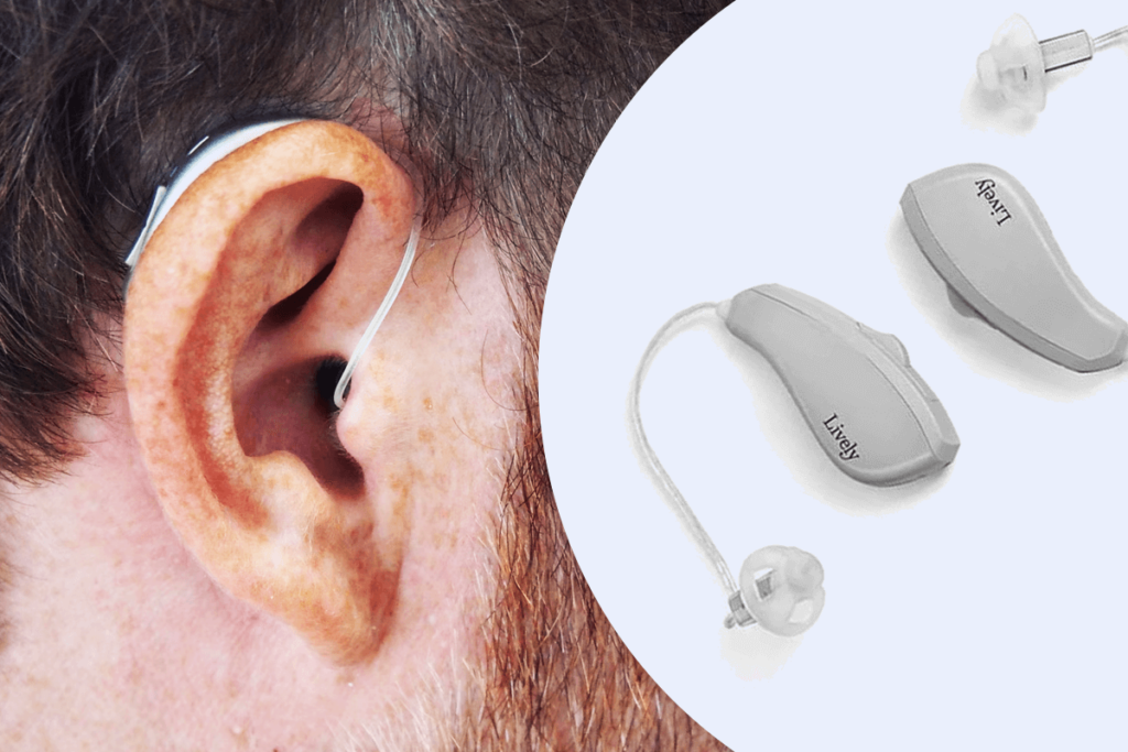 Behind the ear hearing aid next to Lively hearing aid