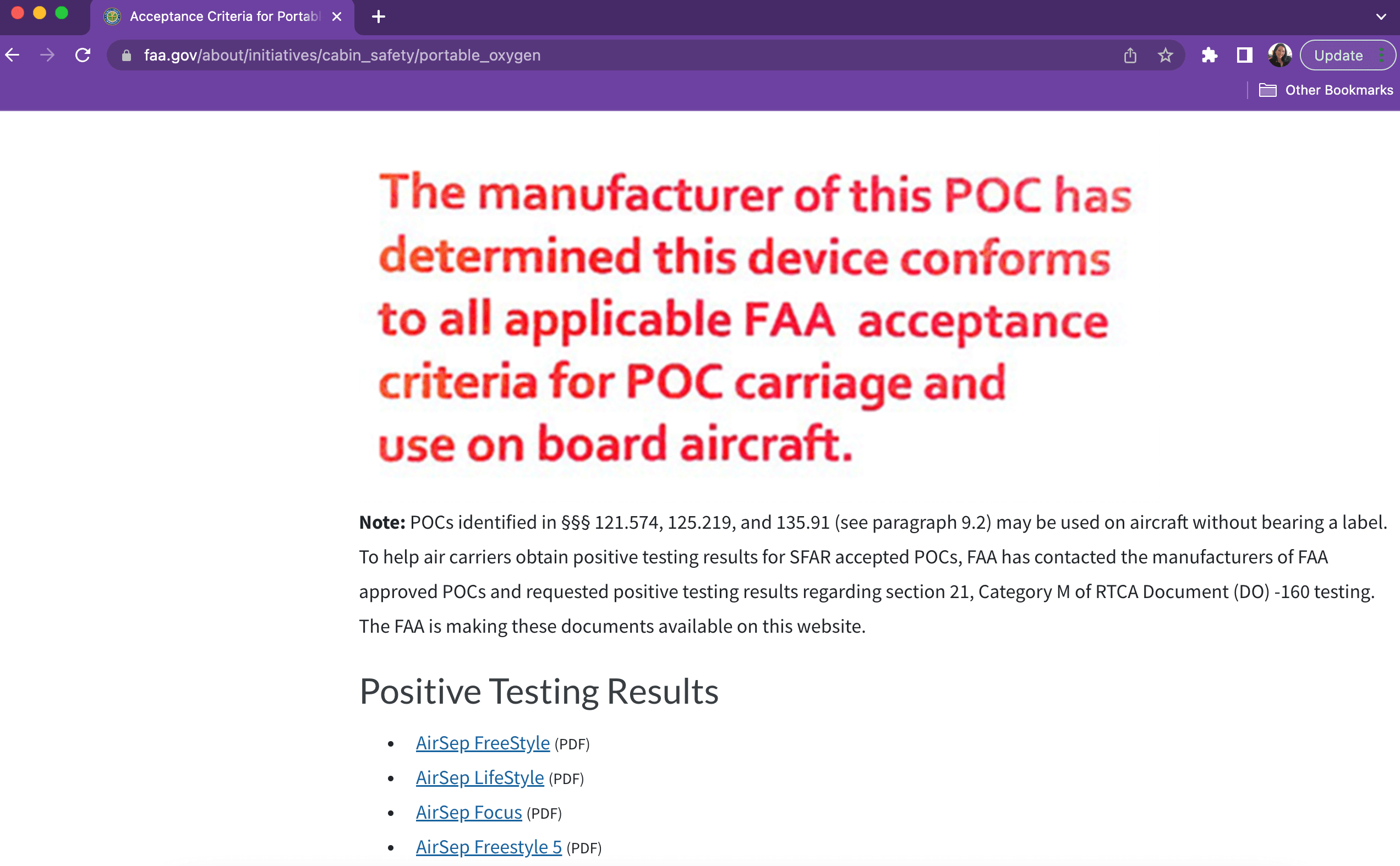 Screenshot of FAA acceptance criteria for a POC device