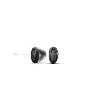 A black model of Oticon's OPN in-the-ear hearing aid on a white background.