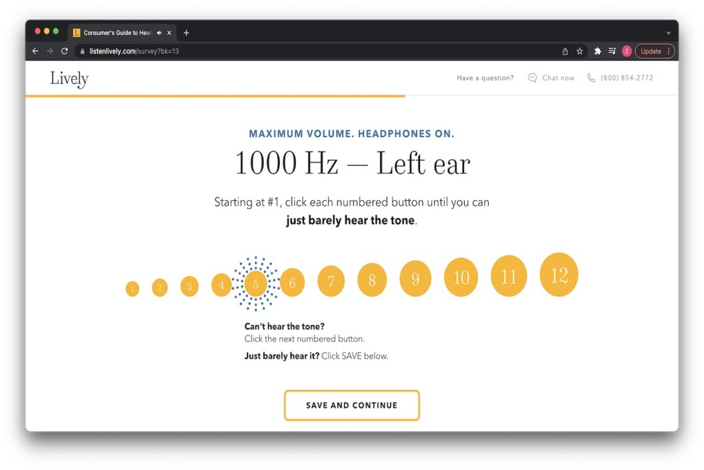 An image of Lively’s online hearing test that shows 12 yellow circles ascending in size, which indicate increasing sound volumes. The test is for the left ear at 1,000 hertz (Hz).
