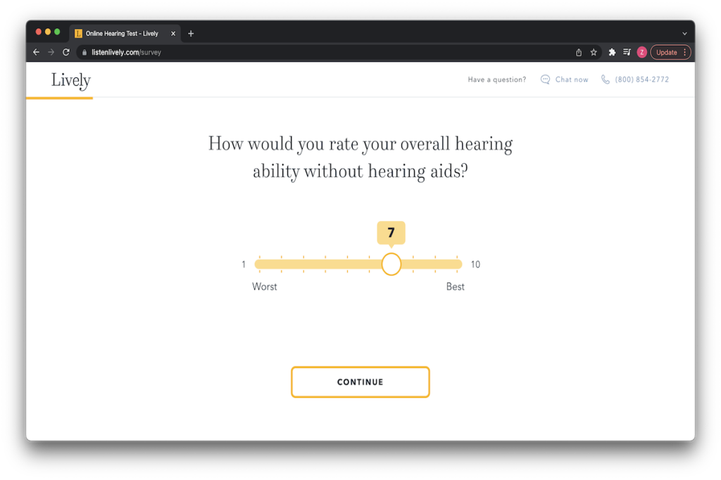 A screenshot of Lively’s online hearing test, with the question, “How would you rate your online hearing ability without hearing aids?” and a moveable scale from one to 10 for you to rate your answer.