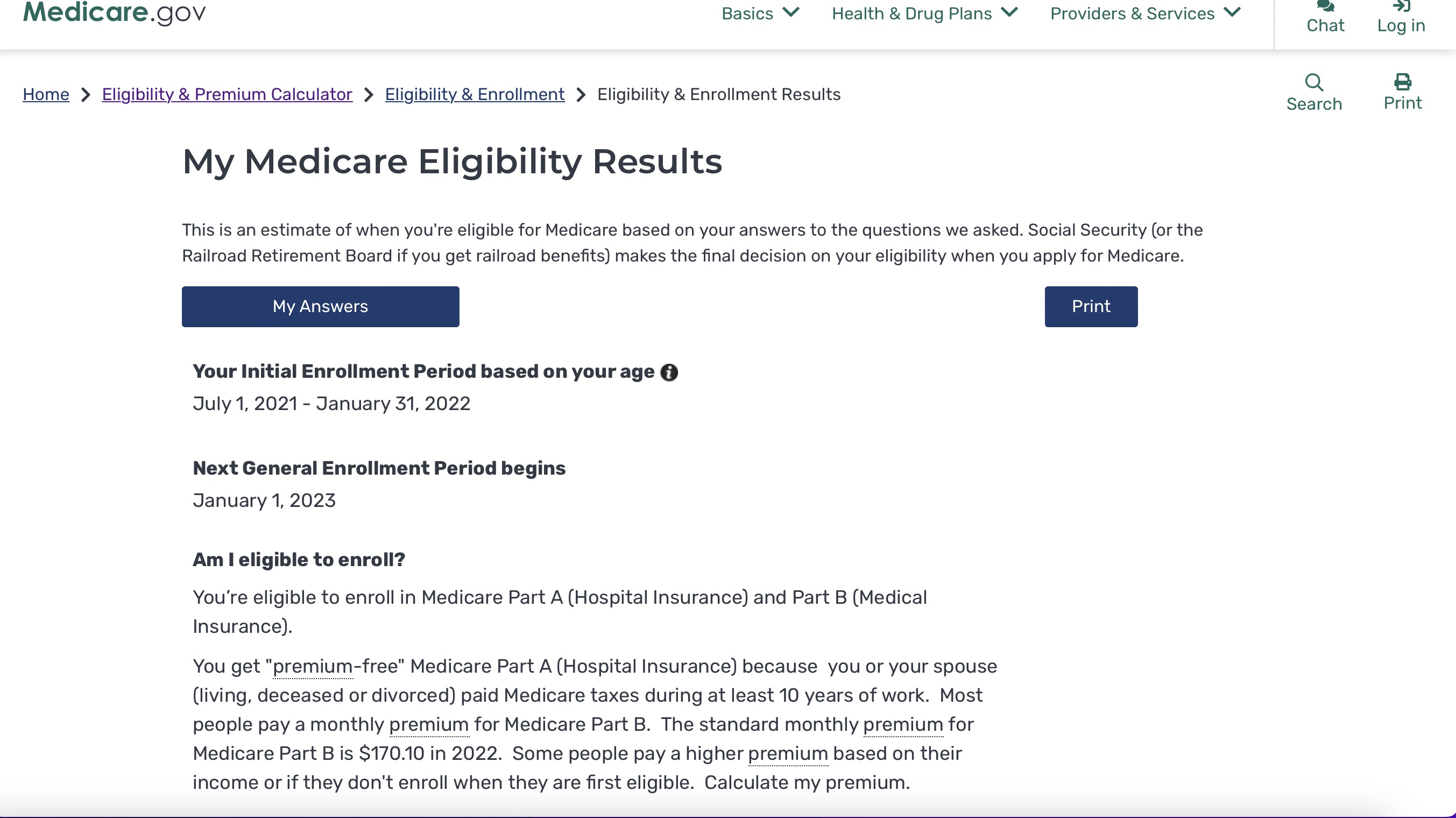 Screenshot of Medicare's eligibility tool via Medicare's website