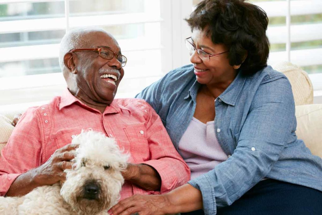Senior couple loving a dog