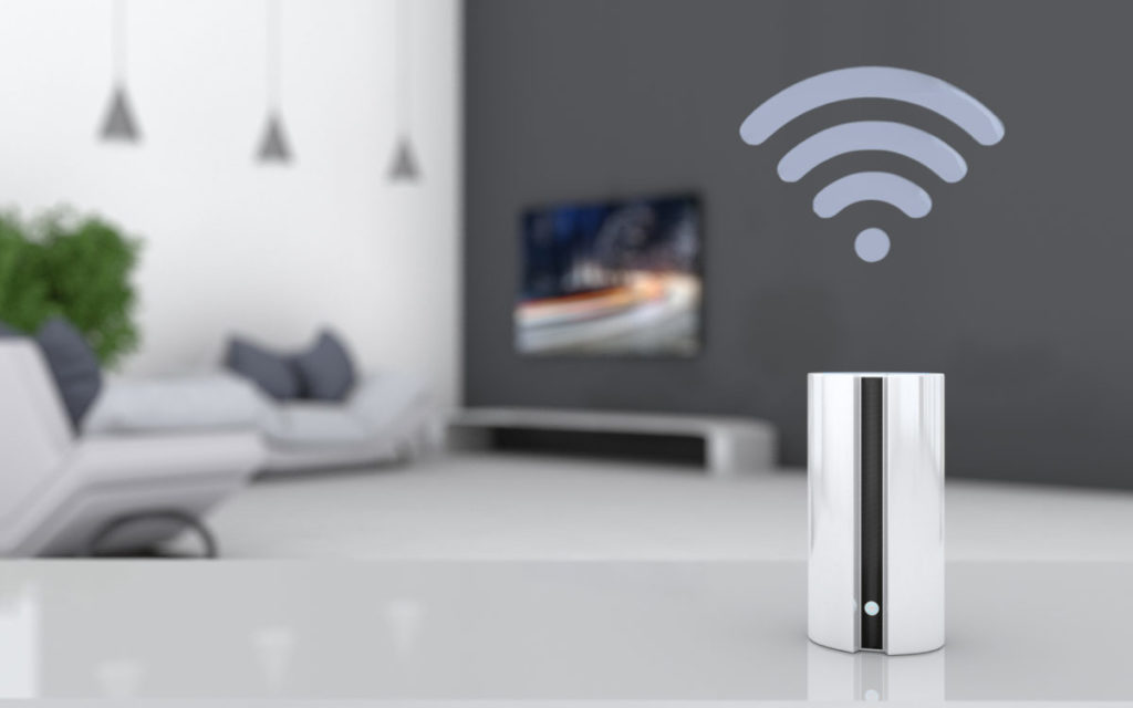 Smart speaker on the table in the living room, 3D